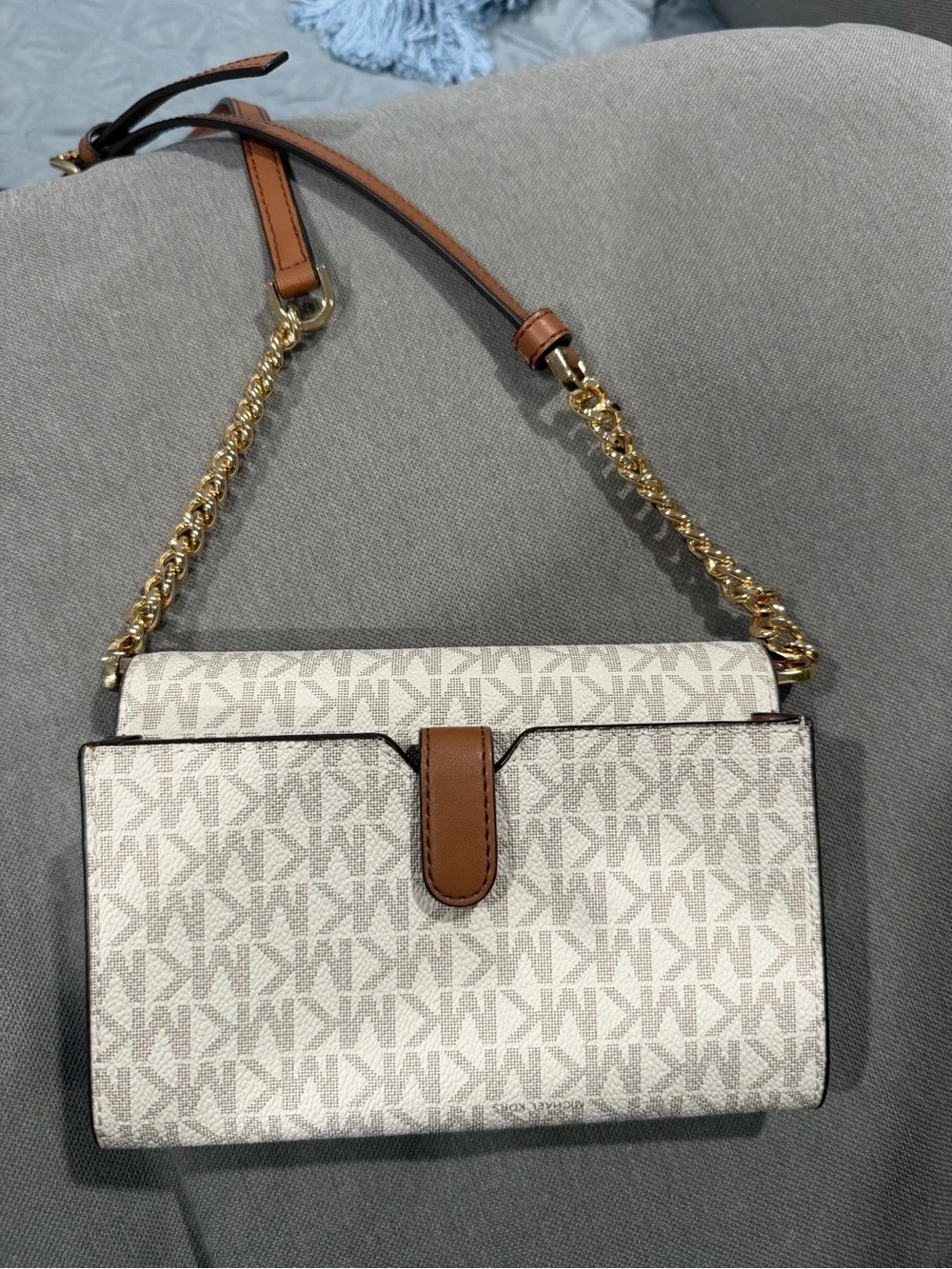 Michael Kors Beige MK Logo Crossbody with Gold Chain